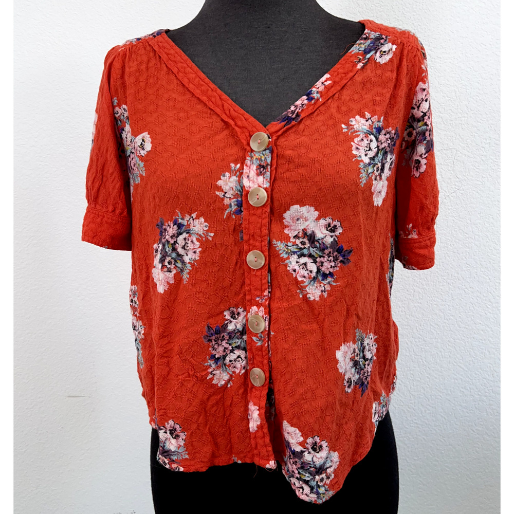 Anthropologie Maeve Top Womens 2P Petite Red Floral Short Sleeve Button Up VNeck